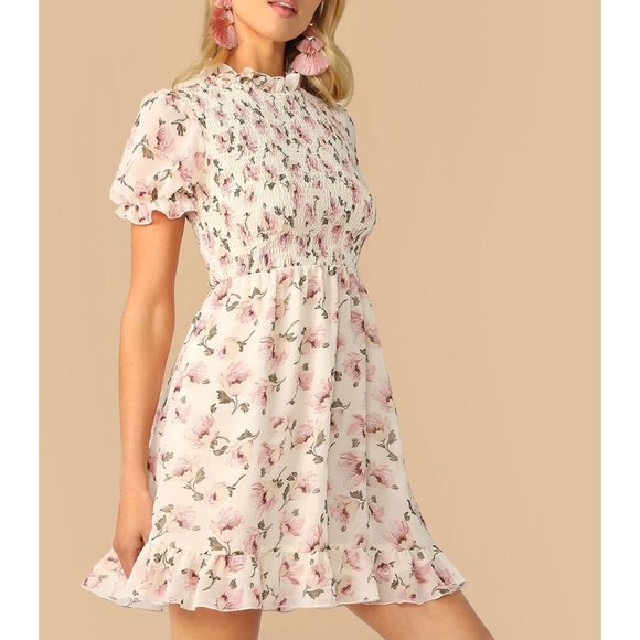 MBM Unlimited Dresses & Skirts - Beige Floral Ruffle Hem Shirred Fit & Flare Dress